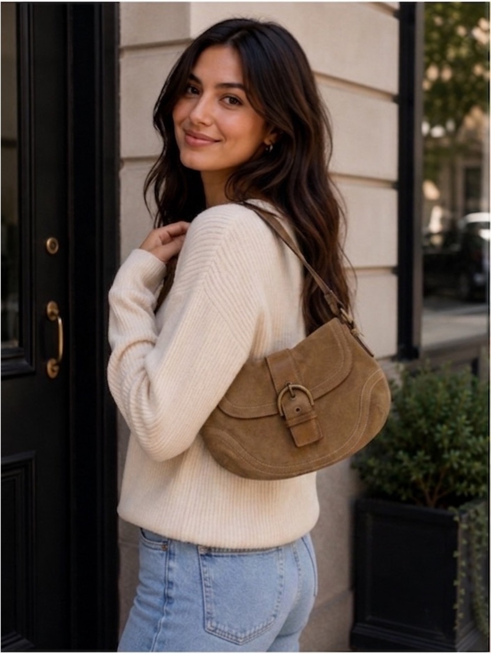 Coach SoHO Y2K Tan Suede Hobo Shoulder Bag with Buckle Detail